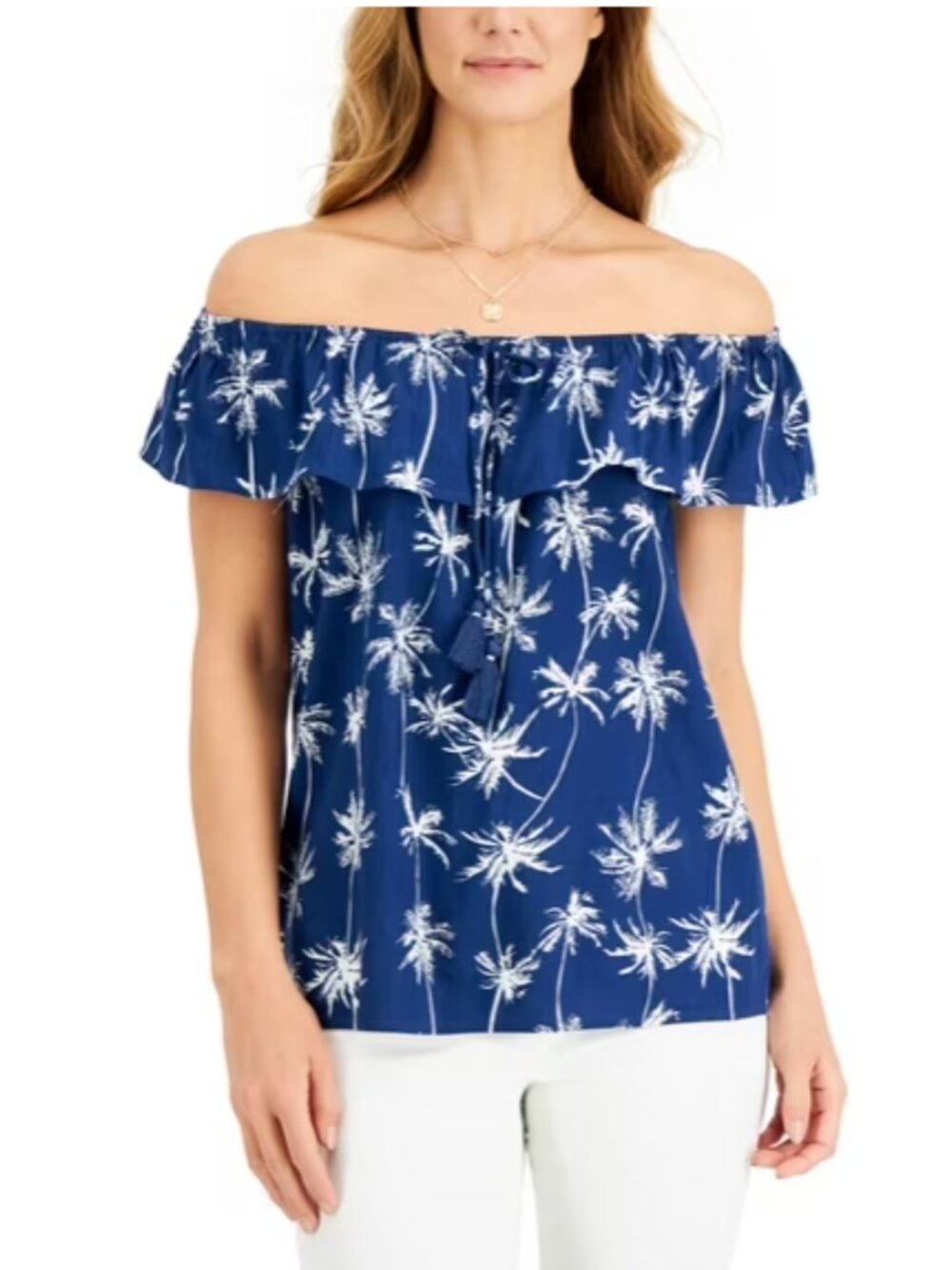 Style & Co Tropical Blue Palm Print Ruffle Top Tassels Size L Vacation Coastal